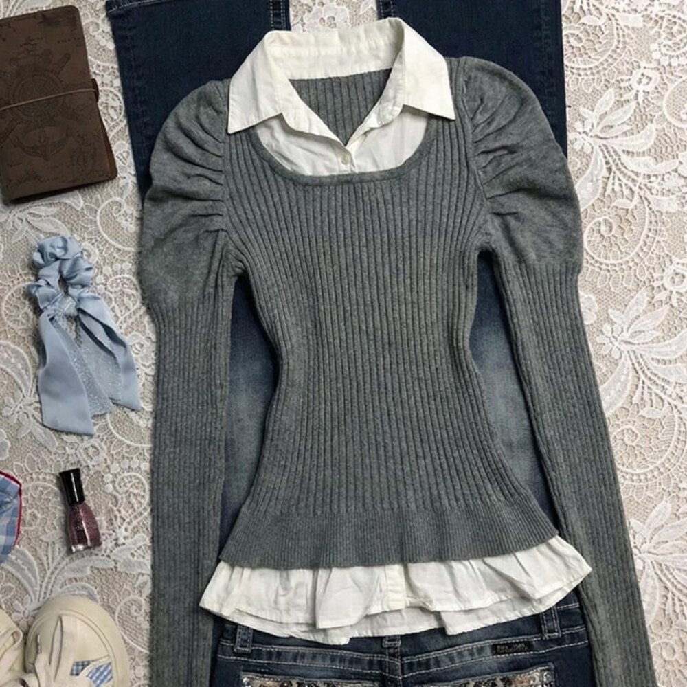 Original Gray Patchwork Lapel Knit Top with Puff … - image 1